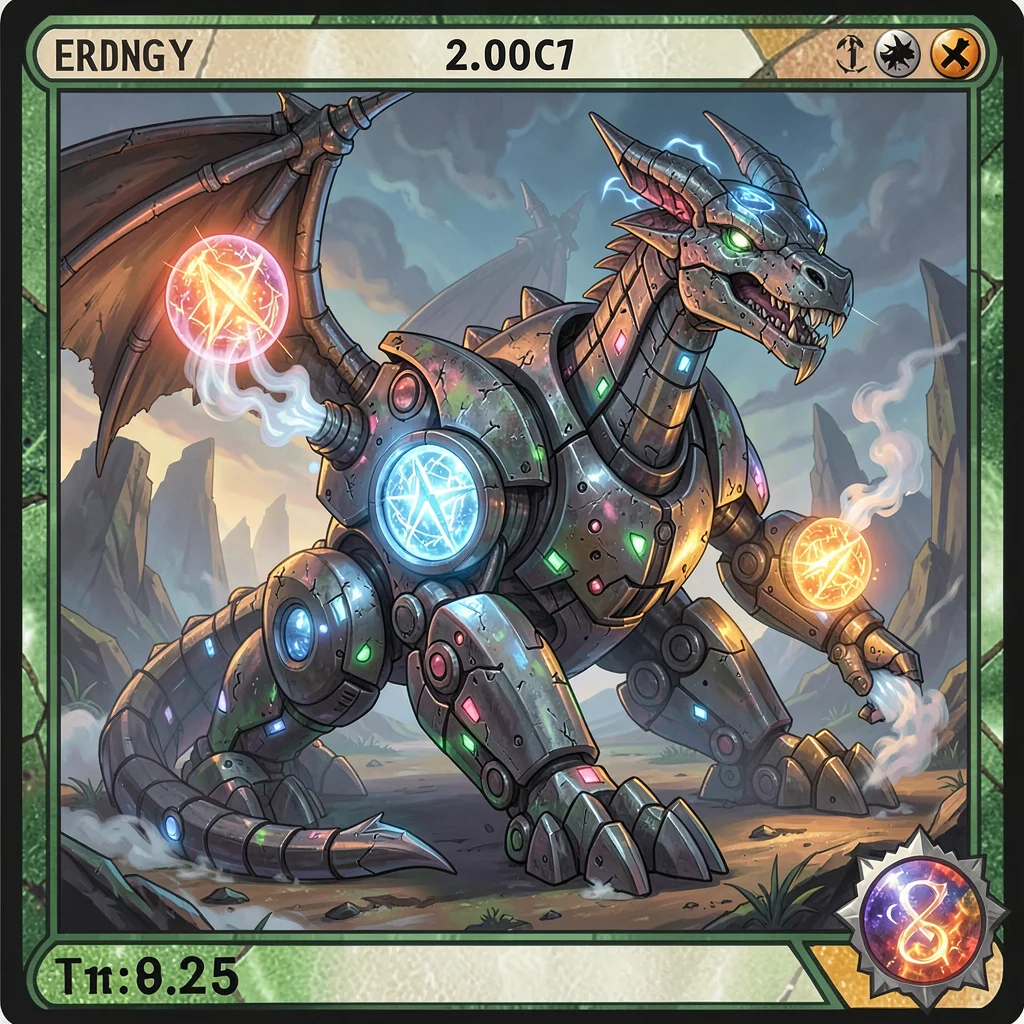 Trading card game illustration, a mechanical dragon construct powered by glowing