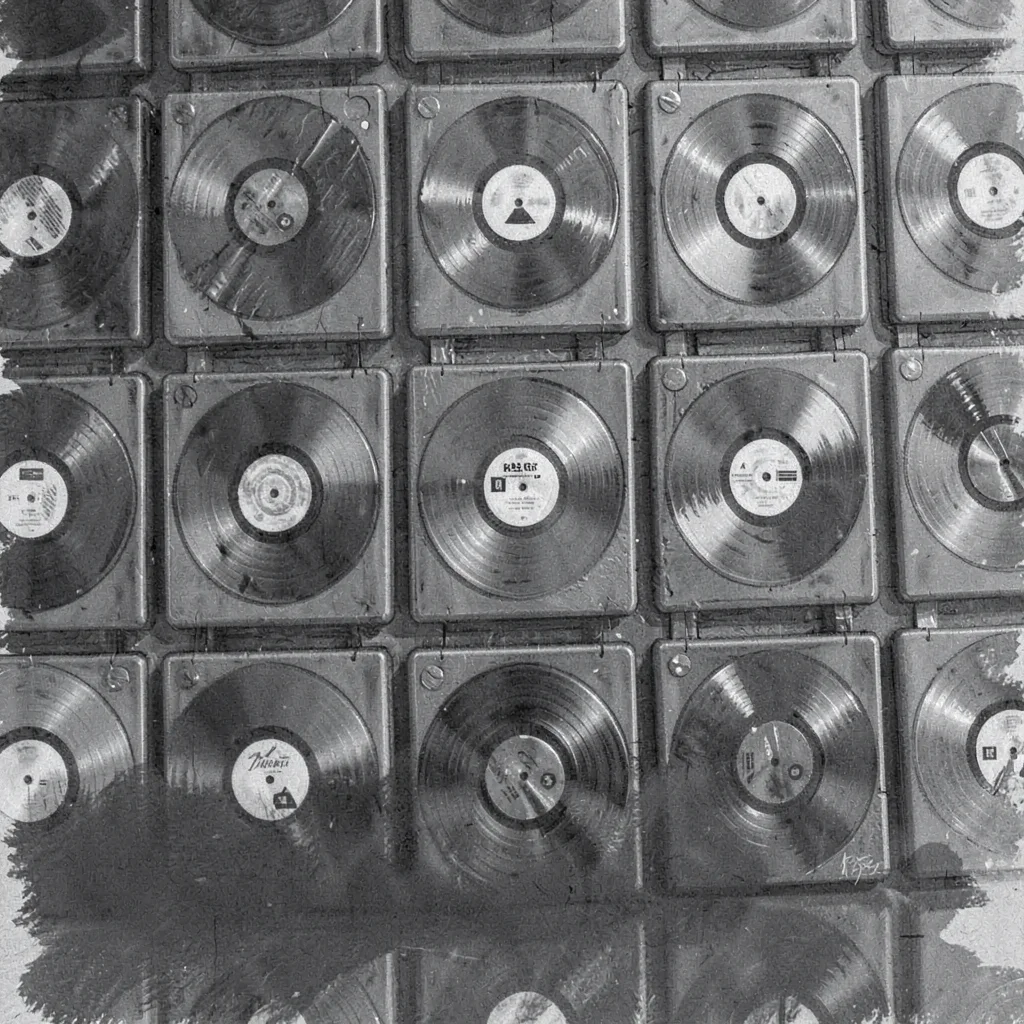 Charcoal of a wall of LPs displayed face-out, soft darks pooling at the edges