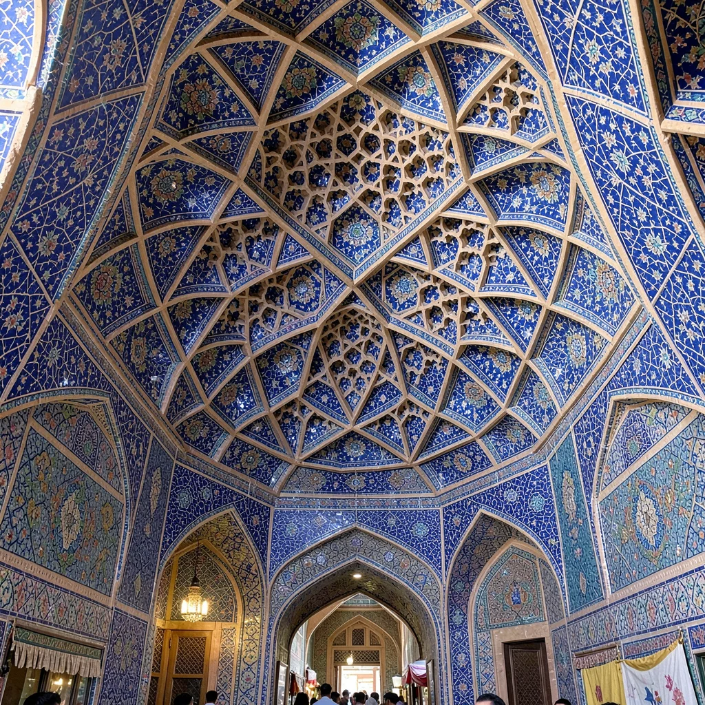 Samarkand blue majolica against Central Asian terracotta, muqarnas honeycomb cei