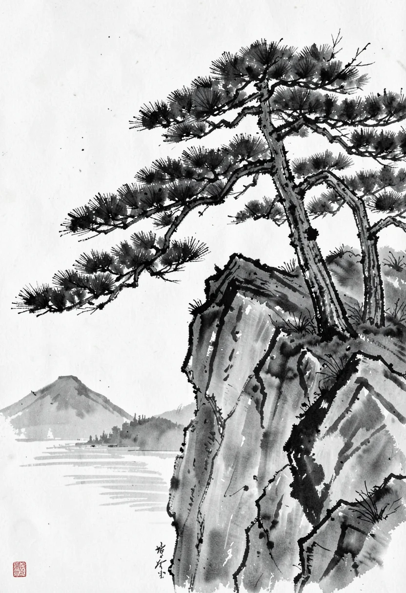 Cliff pine sumi-e