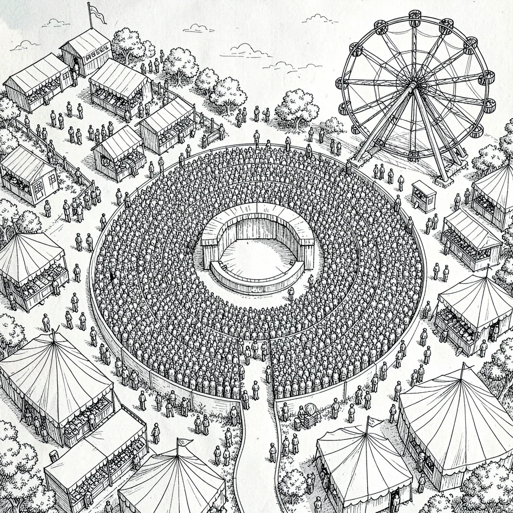 A festival fairground map with food-stall clusters in tight ink, a central stage