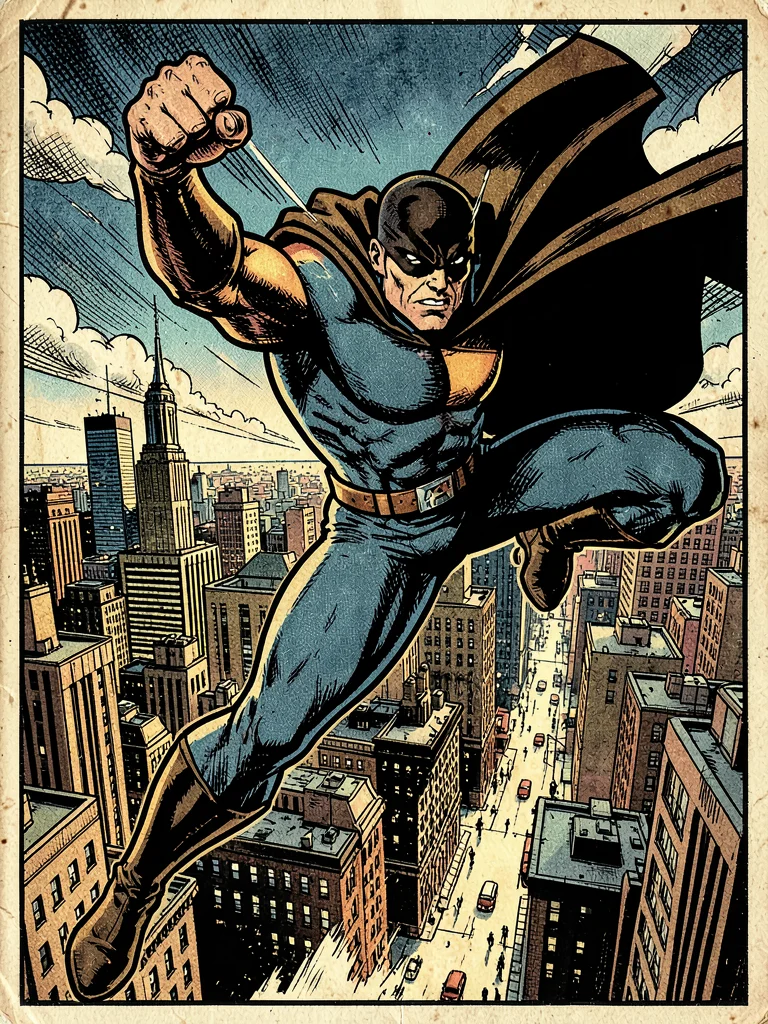 Hero flying over city
