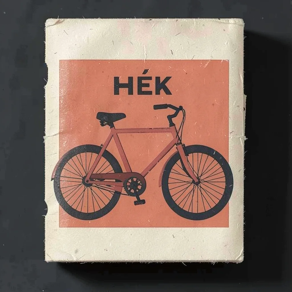 Czech matchbox label illustration, a bicycle with minimal geometric forms , vint