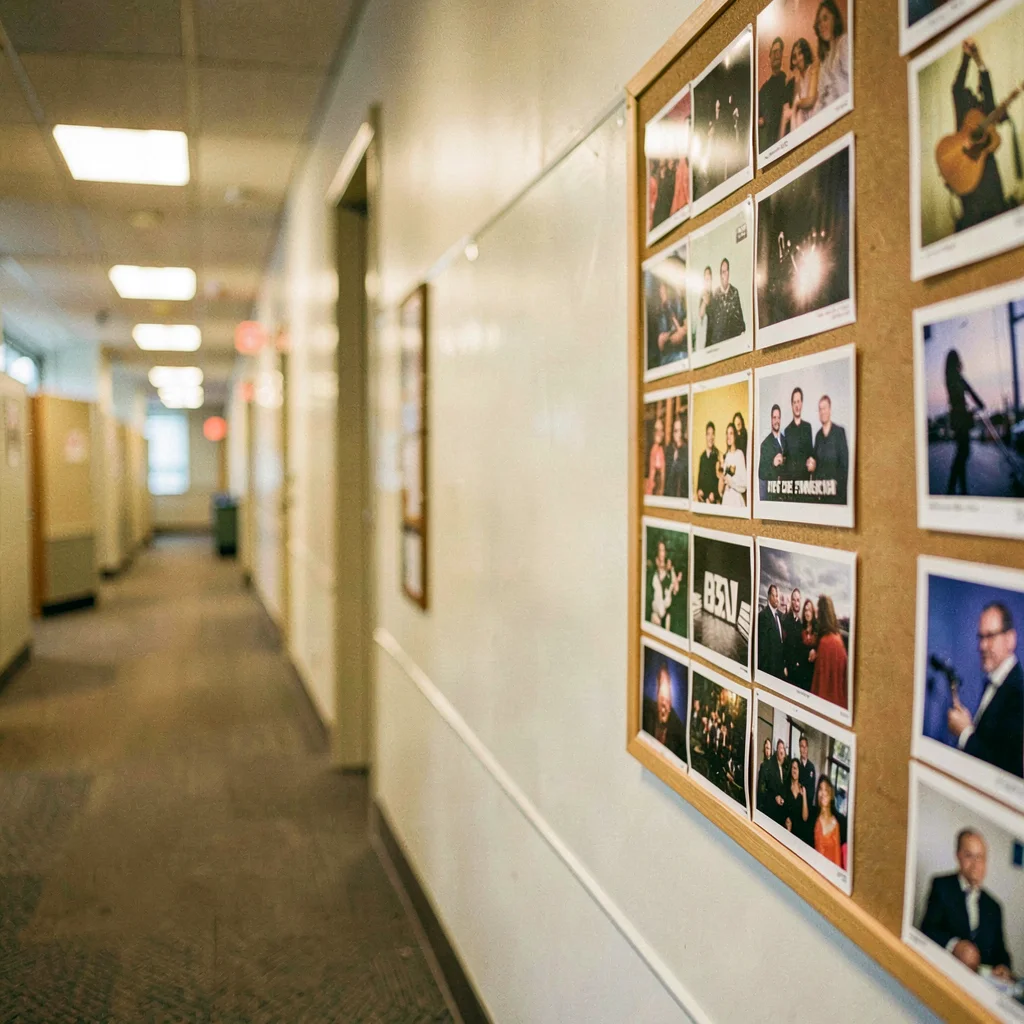 Long office hallway with a bulletin board of song demos blurring into golden bok