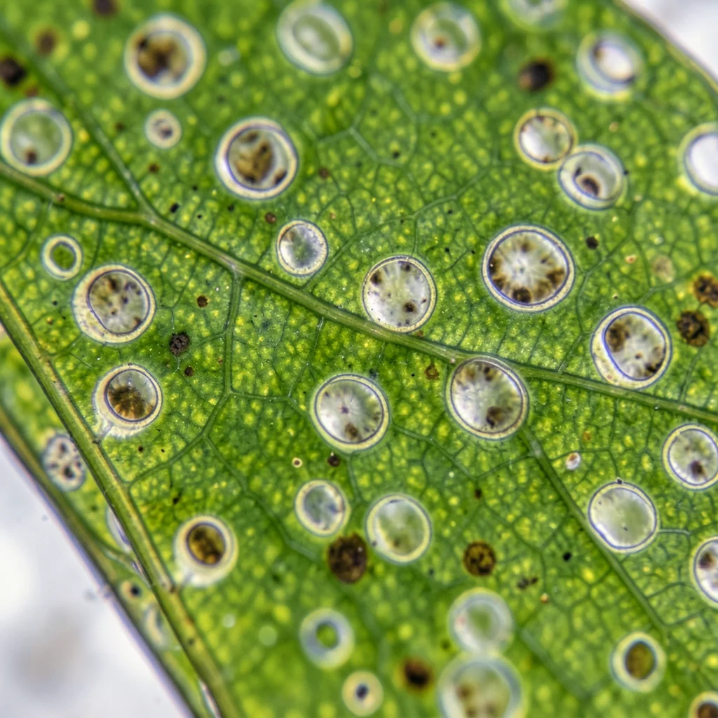 Leaf surface stomata under microscope, guard cell pairs creating mouth-like pore