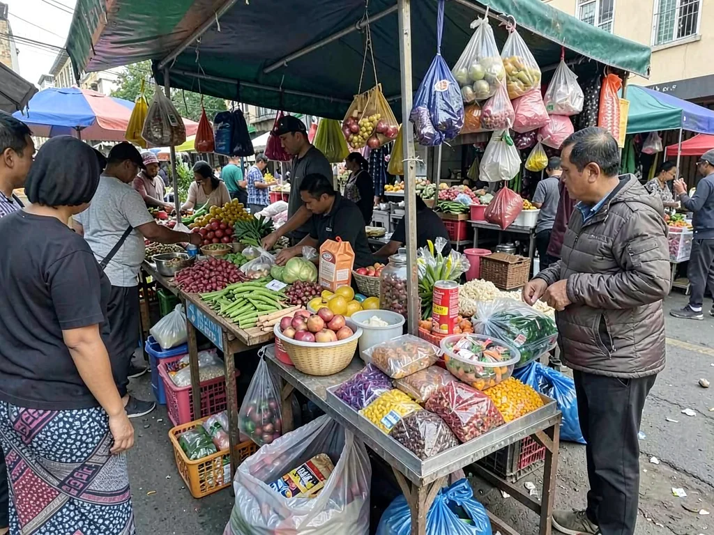 Market stall packed with goods