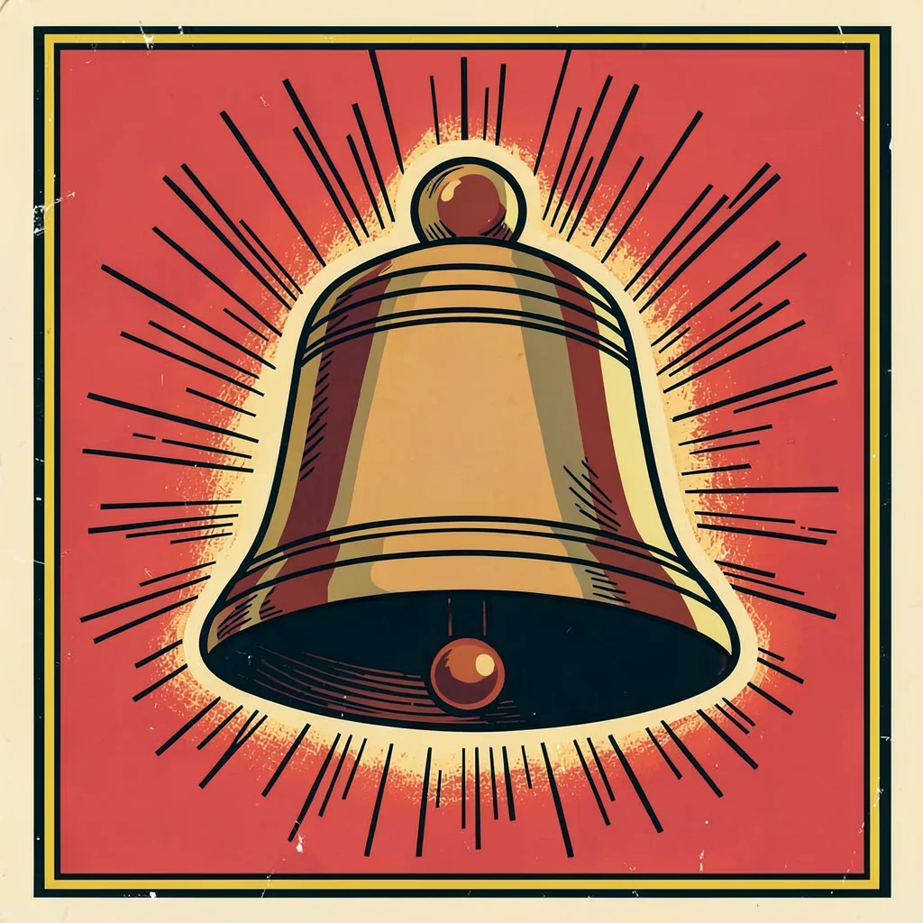 Mexican lotería card illustration, a bell ringing with motion lines around it , 
