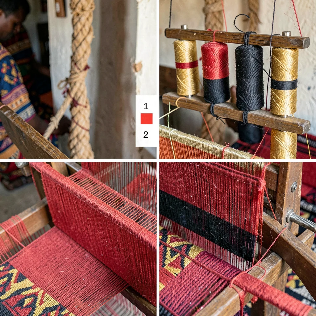 Kumasi kente weaving process, strip loom geometry, Spools of dyed thread in red,
