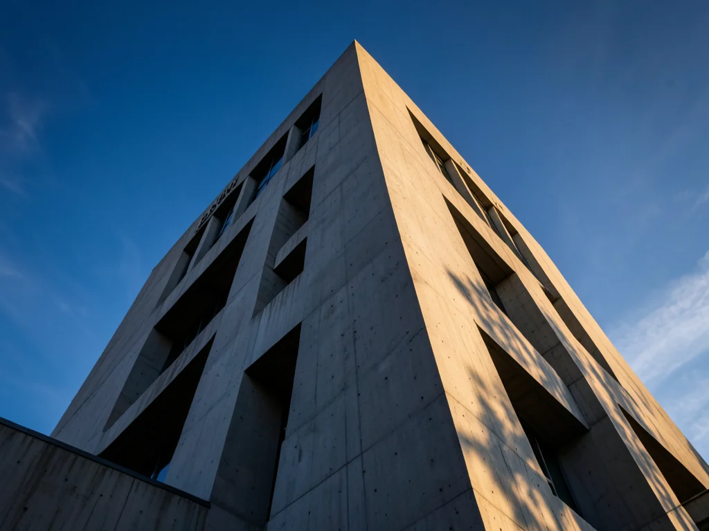 The Boston City Hall, its inverted ziggurat form against blue sky, the deep wind