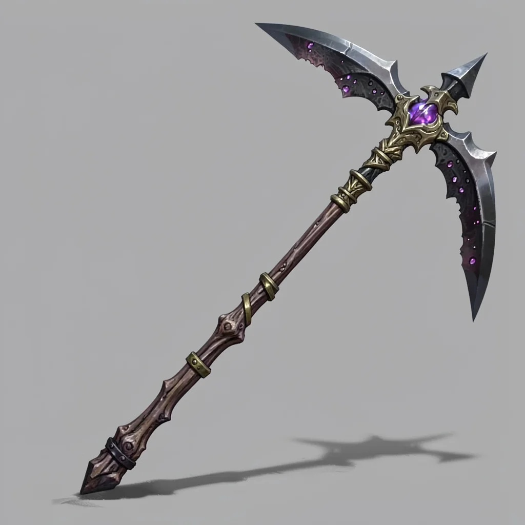 Fantasy weapon illustration, a necromancer's scythe with bone handle and soul-ha