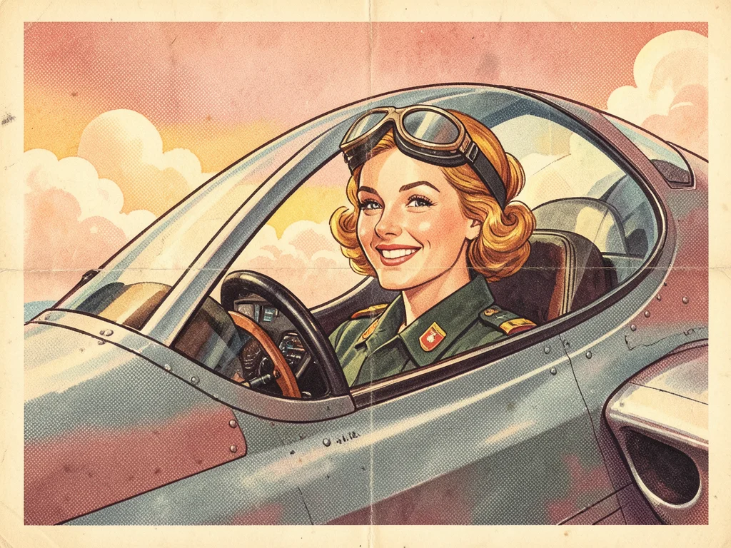 A woman pilot in the cockpit of a sleek jet, confident smile, goggles pushed up,