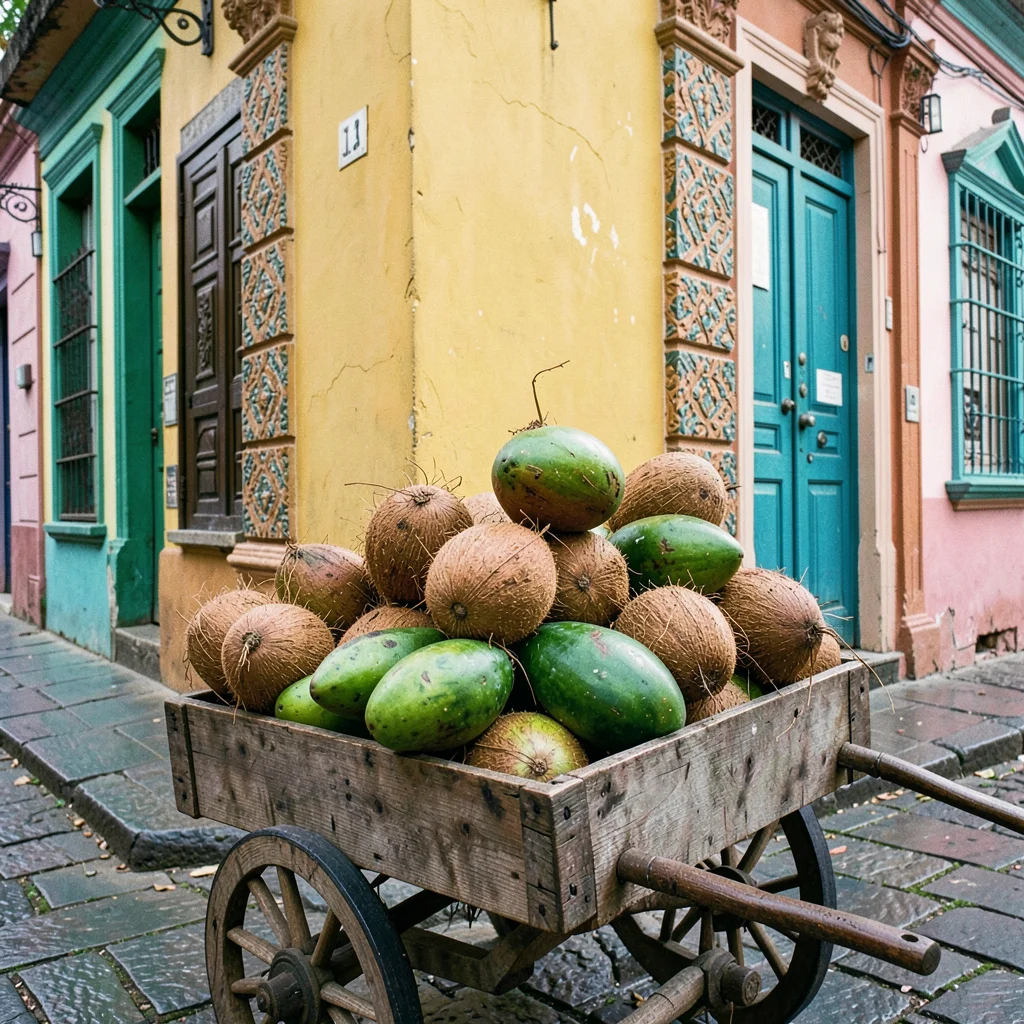 Salvador Pelourinho color, Bahian colonial saturation, Stacked coconuts and gree
