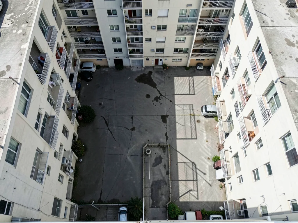 Apartment complex courtyard, identical balconies creating shadow grid