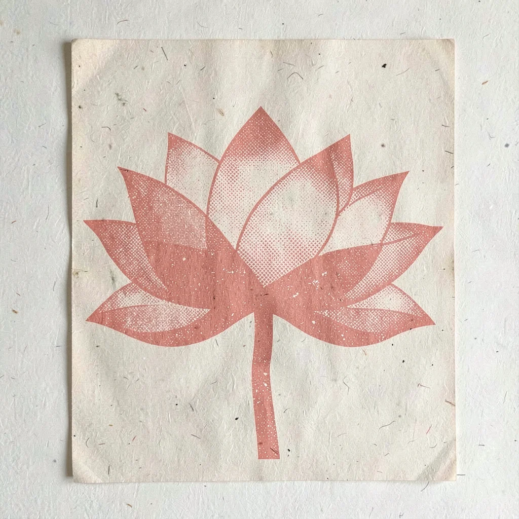 Bold screenprint poster of a halftone lotus silhouette in coral over flat oat pa