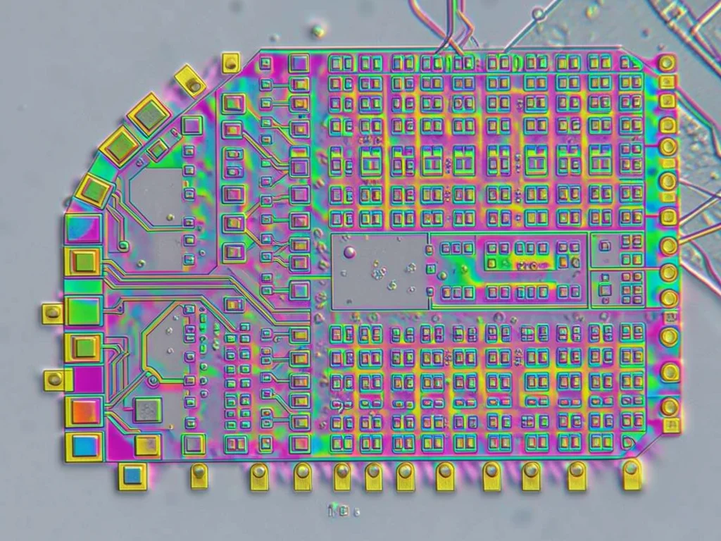 I/O ring bond pads, row of gold square contact pads at die edge, each pad a land