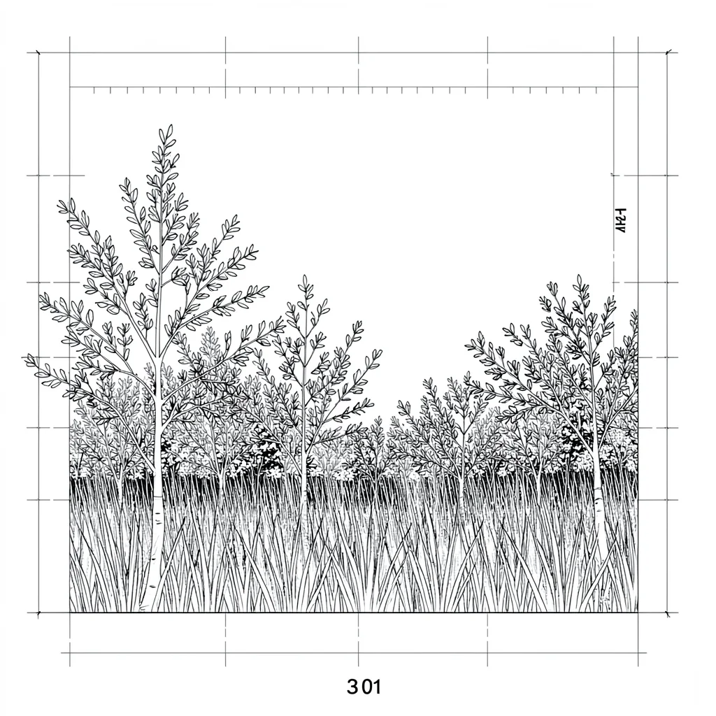 Blueprint elevation of a meadow edge with native shrub backdrop, fine compass ma