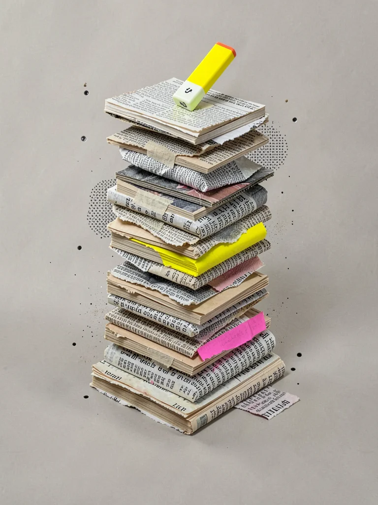 Stacked torn paper pages form a precarious leaning tower with one yellow highlig