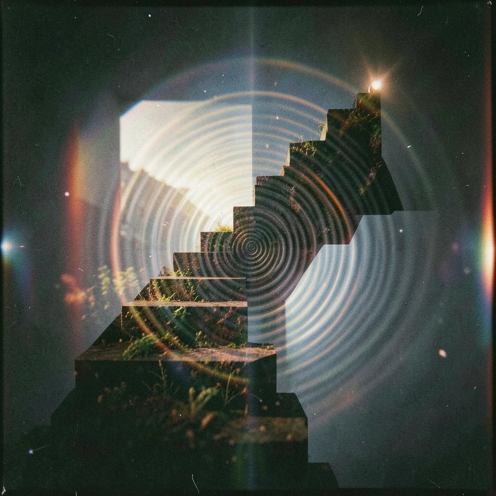 Staircase spiral double-exposed with circular ripple pattern, steps and waves cr