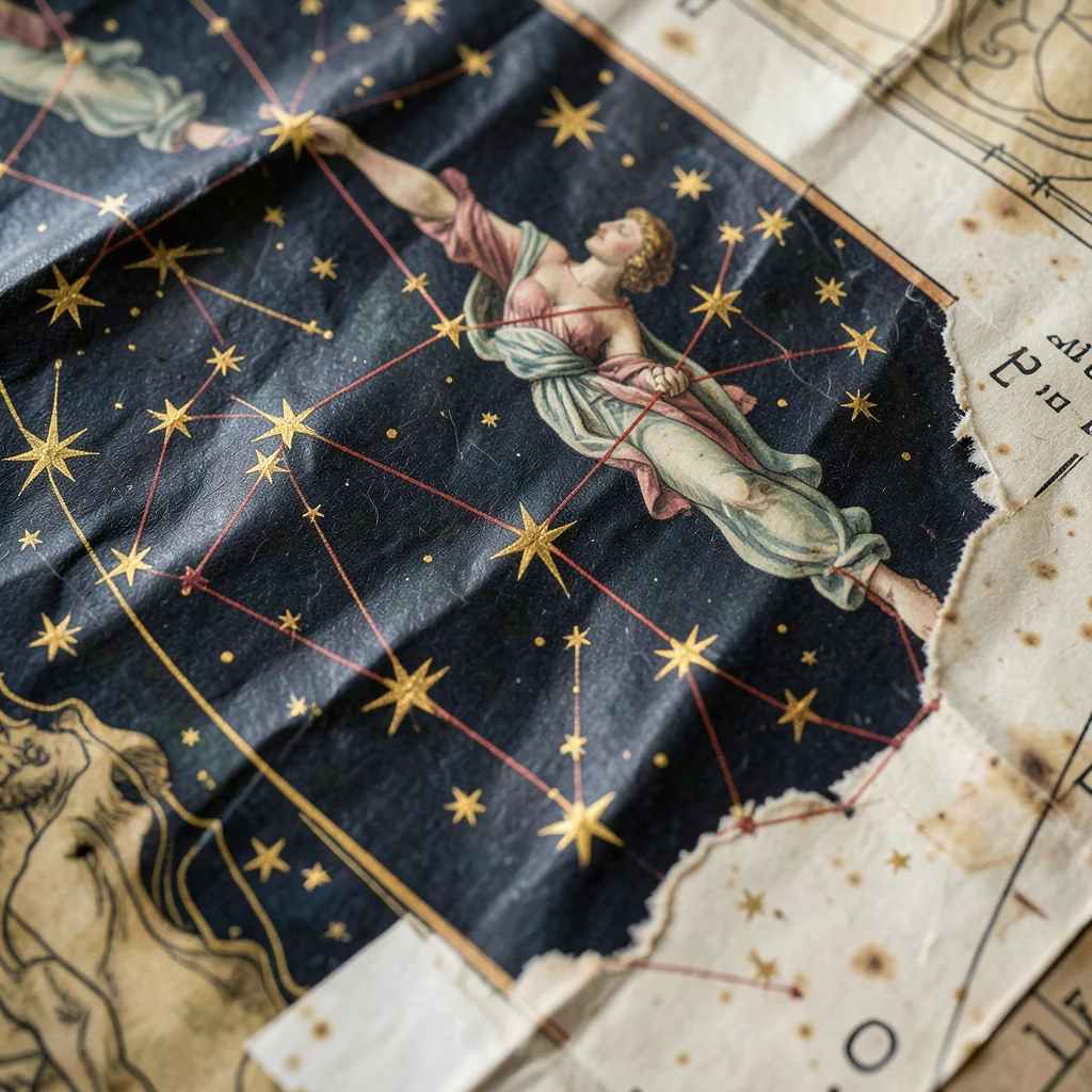 A fragment of a hand-painted celestial chart from the 18th century, showing cons