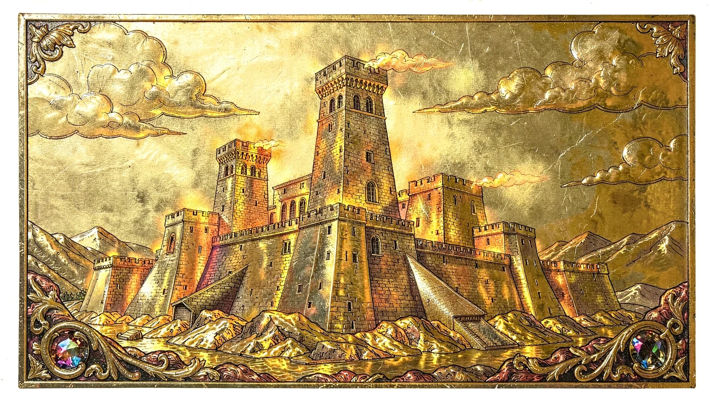 Gold leaf illuminated illustration, tower of Babel , burnished gold leaf areas, 