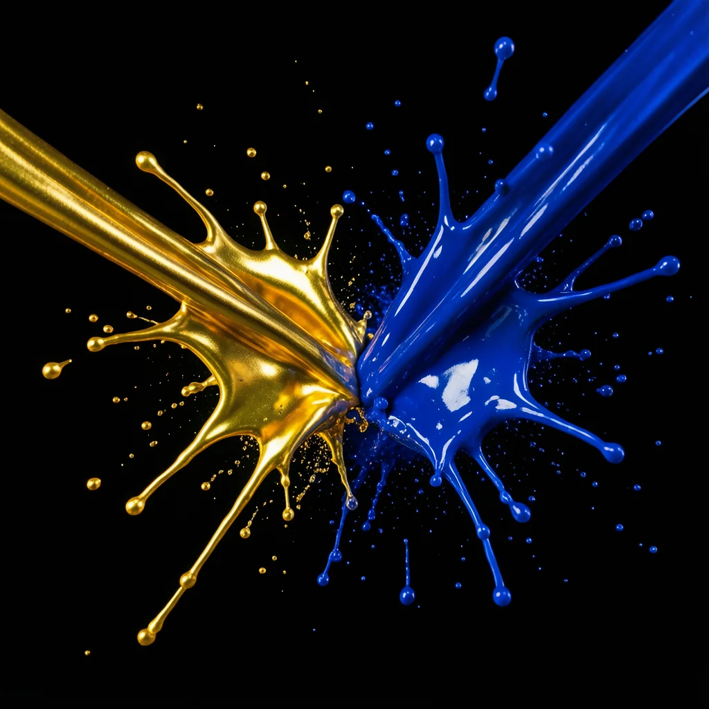 Two streams of metallic paint colliding: gold meets deep blue, explosion of drop