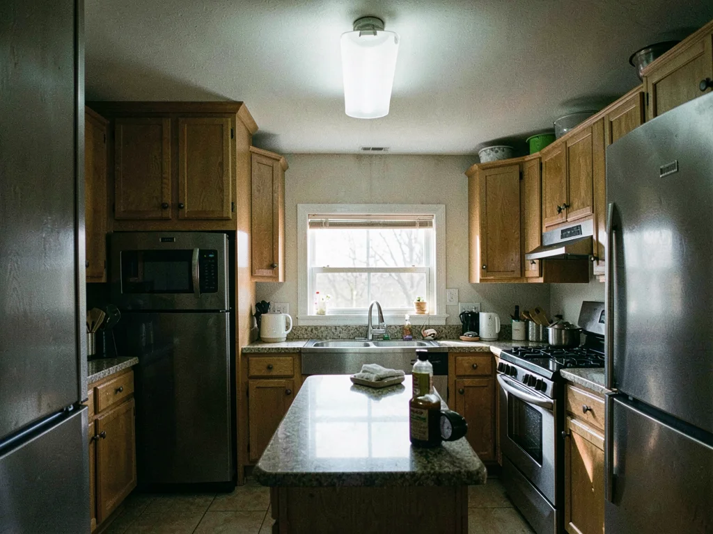 Kitchen under bright overhead fixture with hard reflections