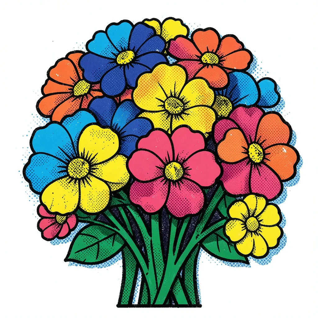 Bouquet of flowers — each bloom flat color with halftone shadow dots