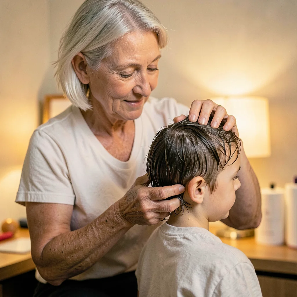 A gentle white mother in her forties combing a small son's wet hair, lamp warmth