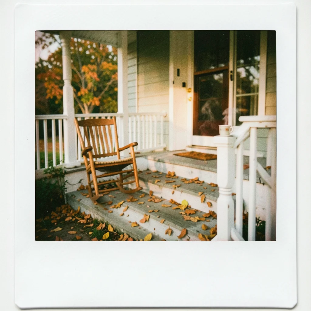 A front porch with a rocking chair, morning coffee steaming on the railing, autu
