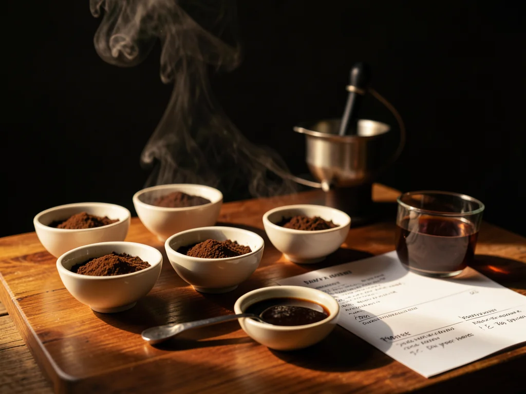 A coffee cupping table with multiple bowls of grounds, a cupping spoon, tasting 