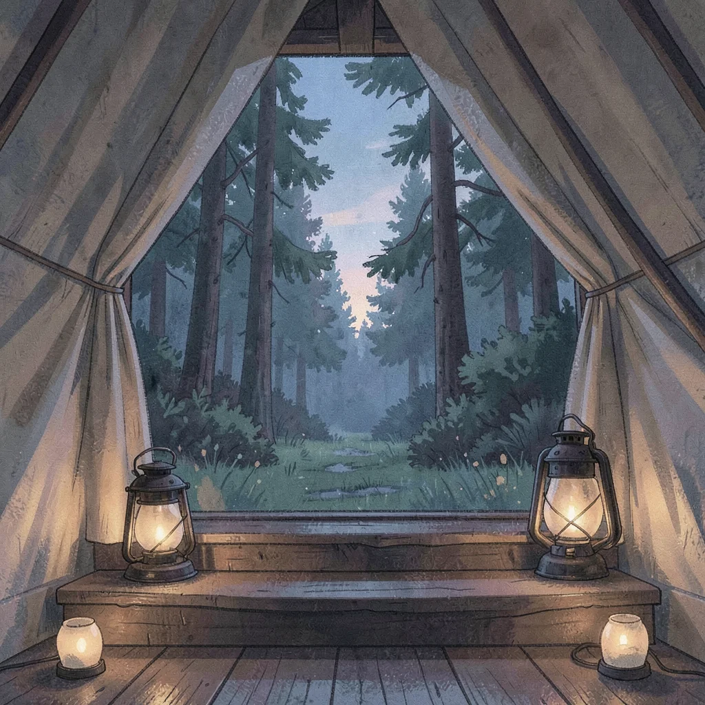 Vertical cozy view of a tent doorway from inside, twilight forest beyond and lan