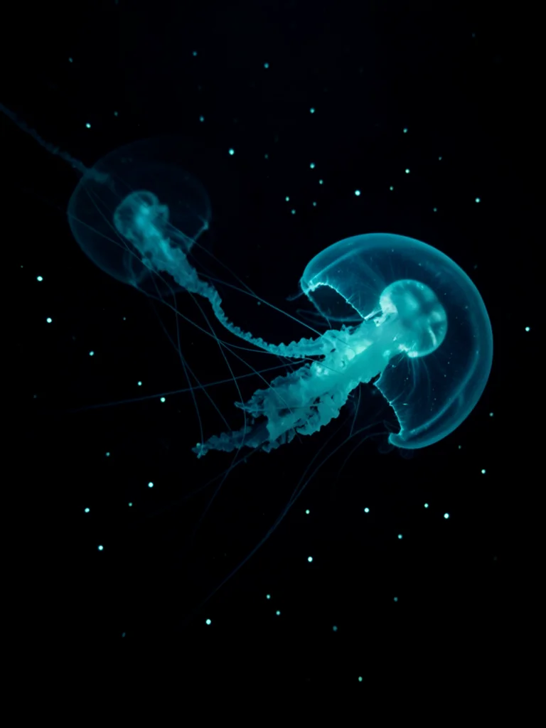 A bioluminescent jellyfish trailing tentacles through absolute darkness, the bel
