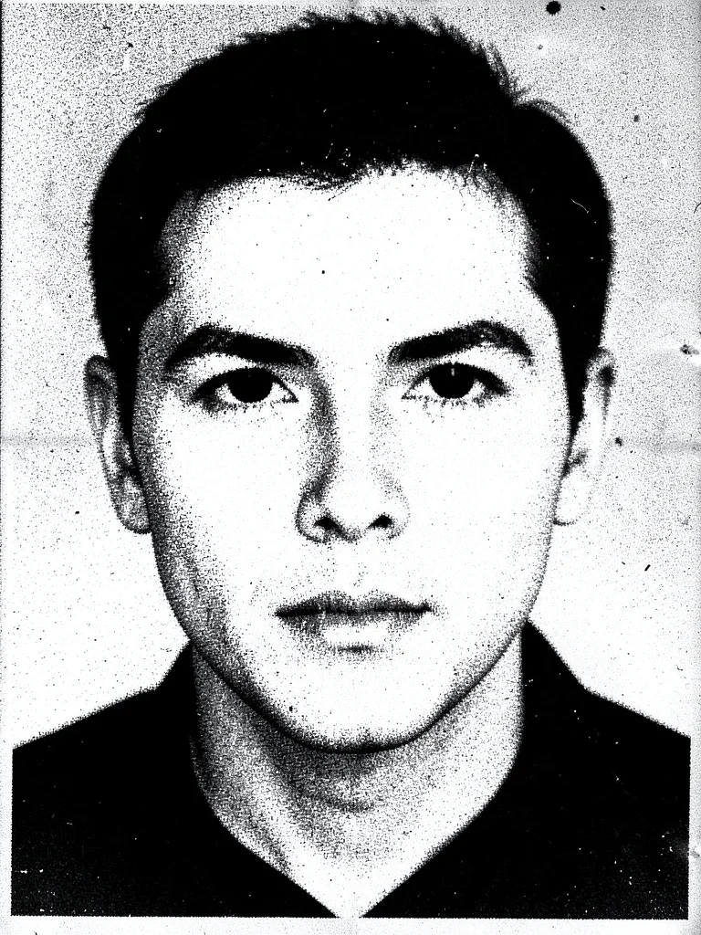 Face photocopied until features dissolve into high-contrast mask, eyes surviving
