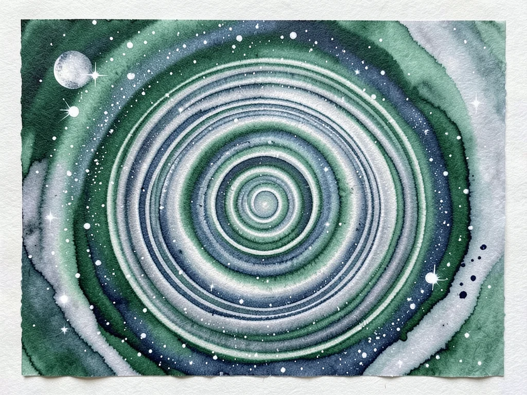 Japanese water marbling in winter palette, deep green and silver, cosmic swirl
