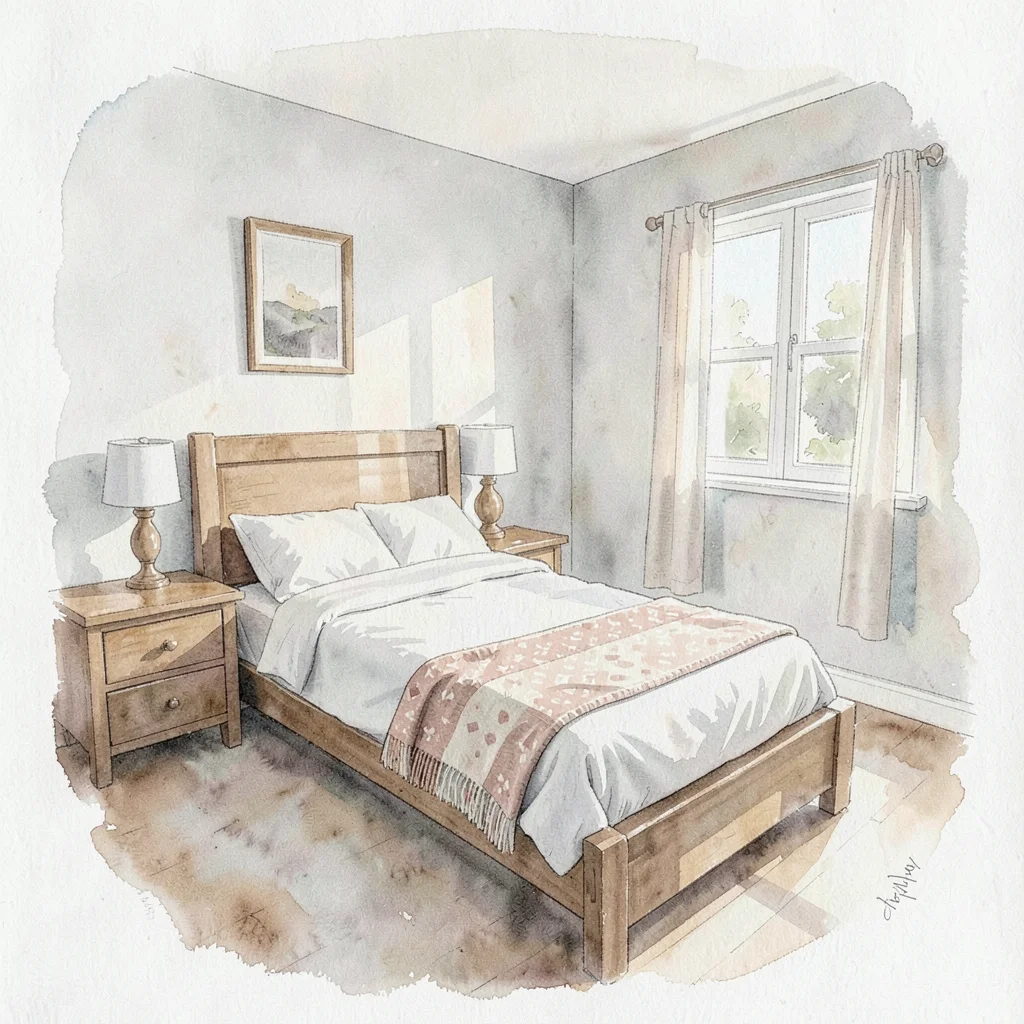 Watercolor wash of an emptied bedroom with a single neatly made bed and a folded