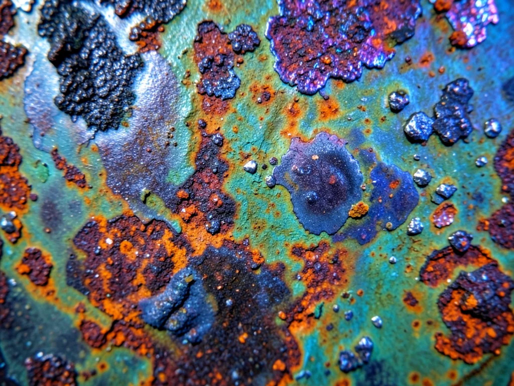 Aged silver tarnish, dark sulfide layer with iridescent blue-purple overtones, n