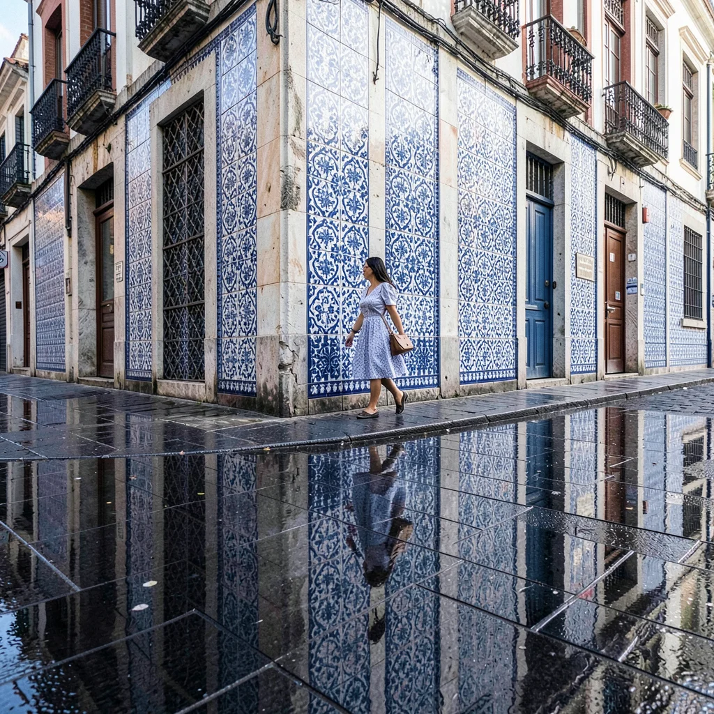 Azulejo tile geometry, Portuguese ceramic culture, A woman walking along a tiled