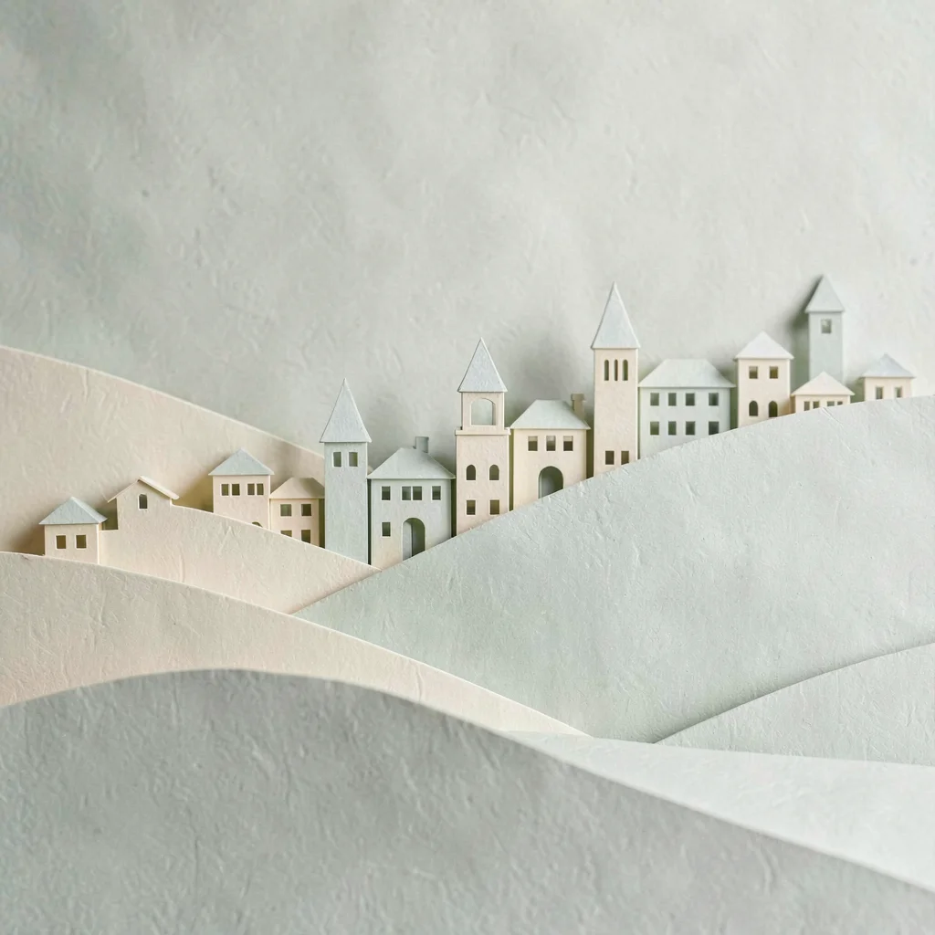 Papercraft composition of a layered paper-cut town silhouette across rolling pap