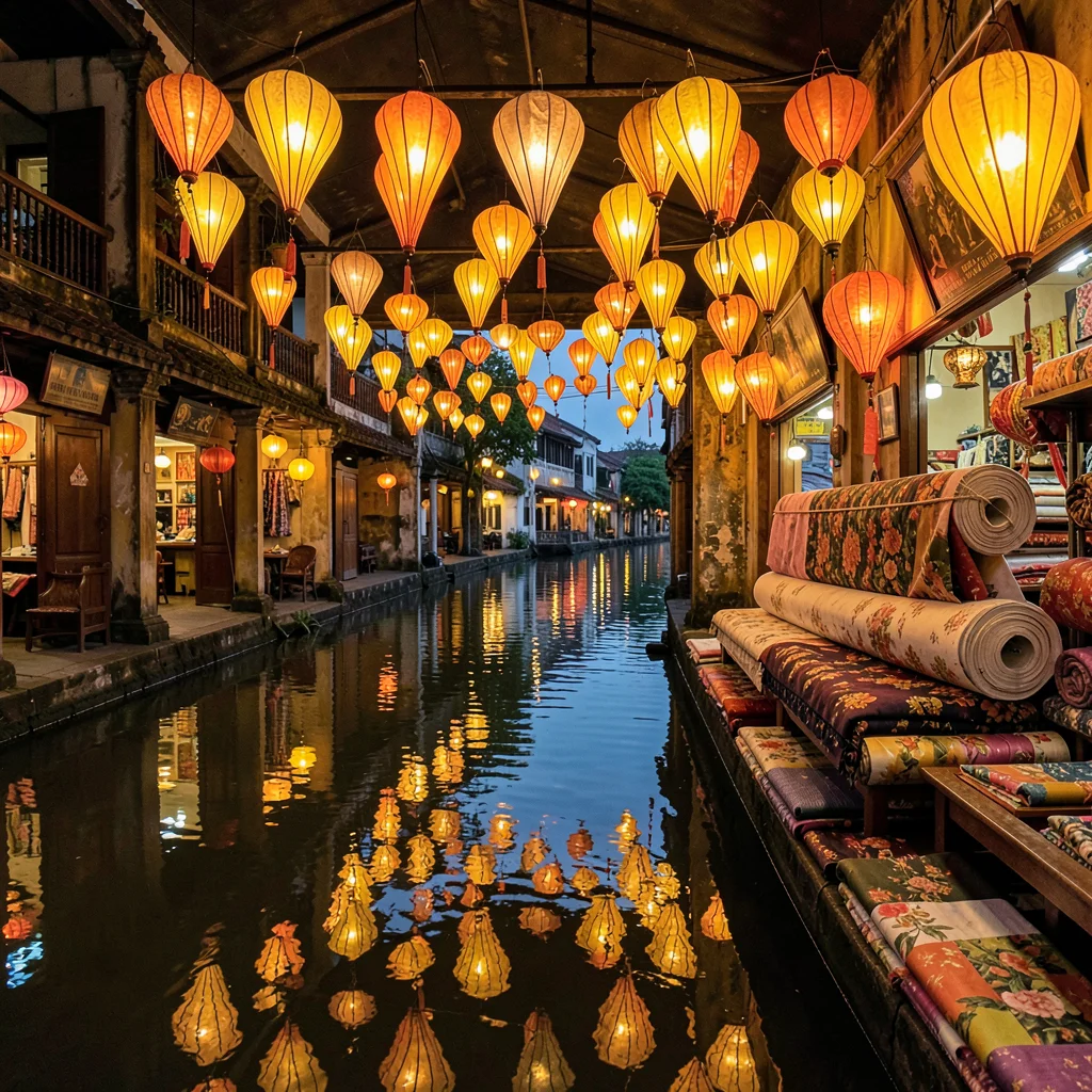 Hoi An lantern glow, silk amber on water, tailor shop interior lit by dozens of 