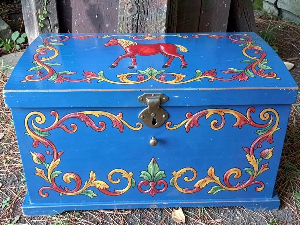 Rosemaling decorated wooden chest — blue-painted lid with scrolling acanthus vin