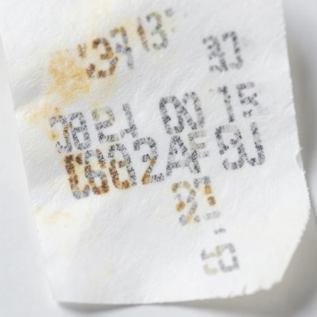 Close-up of thermal paper showing partial fade, individual characters dissolving