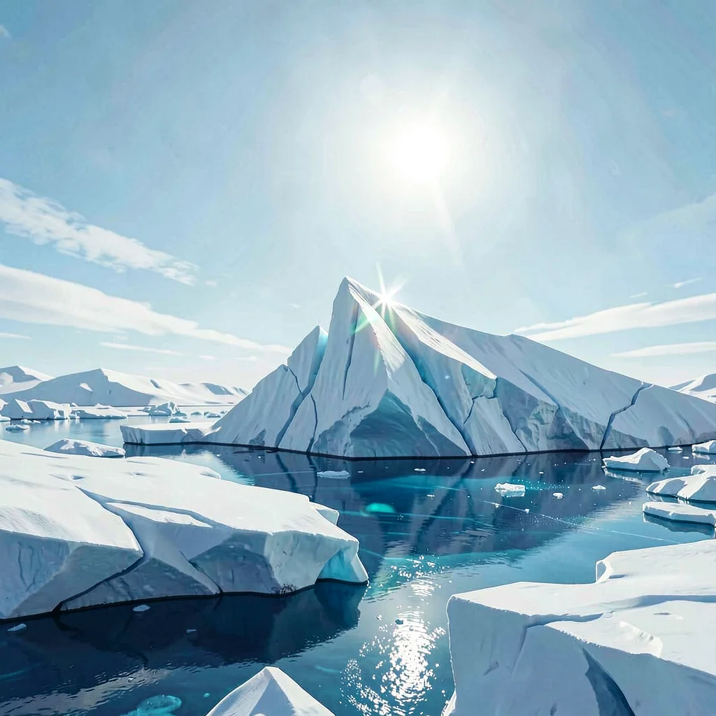 Pale arctic sun glints off a single iceberg in a scattered field, briefly flarin