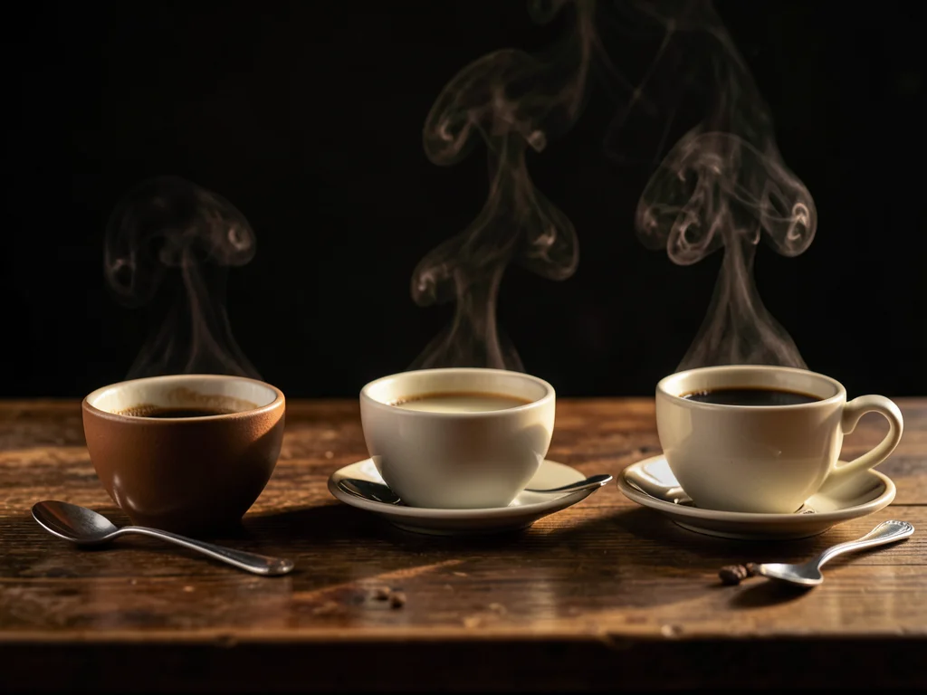 A row of coffee cuppings: five bowls of different origins, spoons, tasting notes