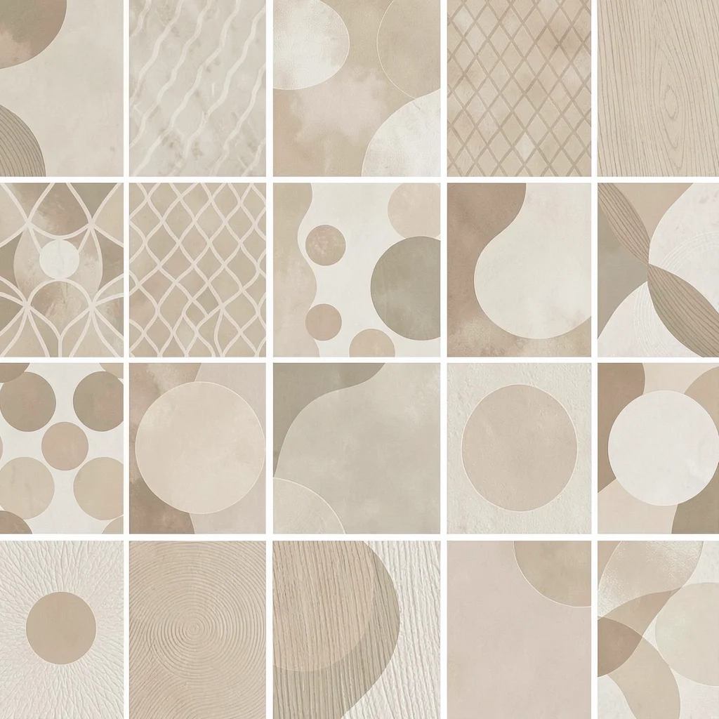 A dense 4x4 microgrid of sixteen abstract pattern variations in a restrained war