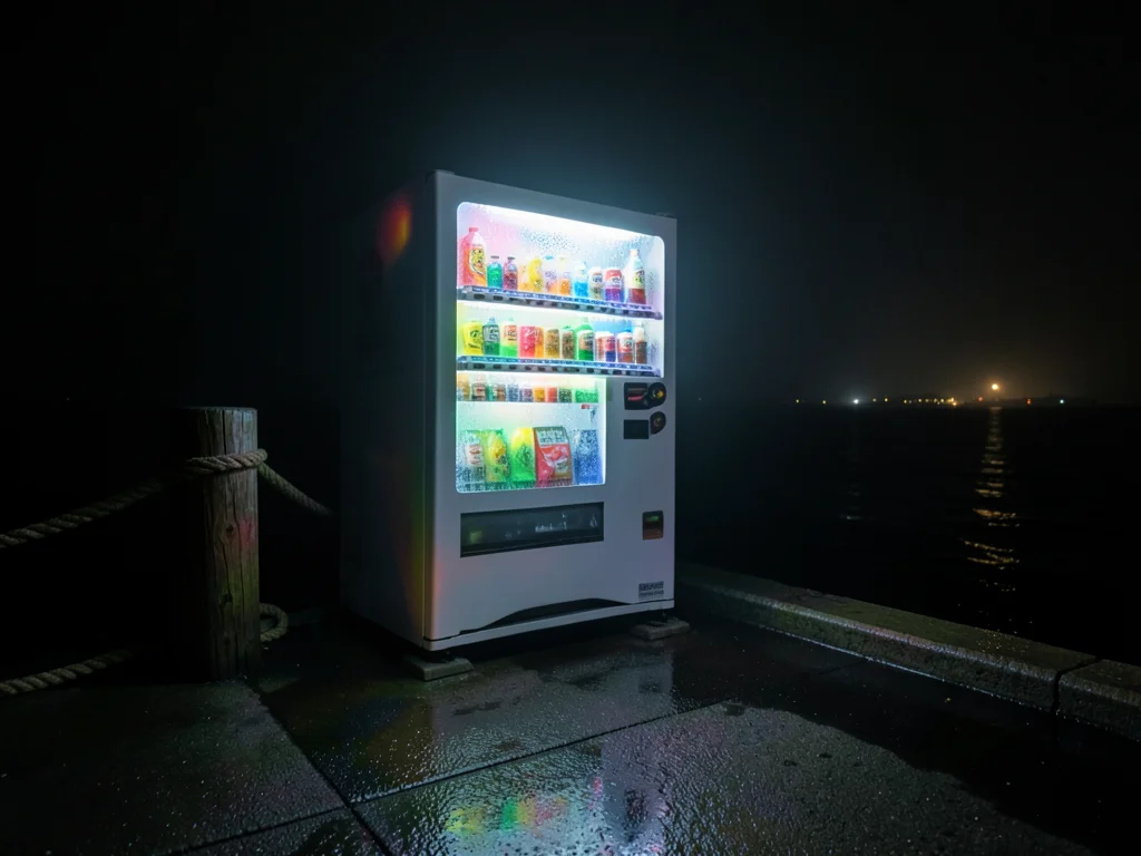 A drink machine on a ferry terminal pier, ocean fog rolling past and diffusing t