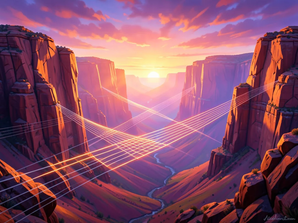 Guitar strings stretching across canyon, sunset light making them glow, wide ang