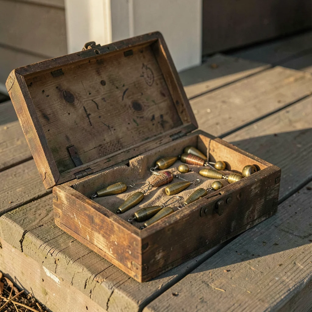 A weathered fishing tackle box open on a porch step, brass spinners glinting in 