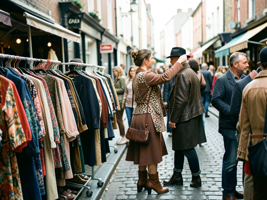 Market scene with a stylish person browsing vintage clothing racks, eclectic out