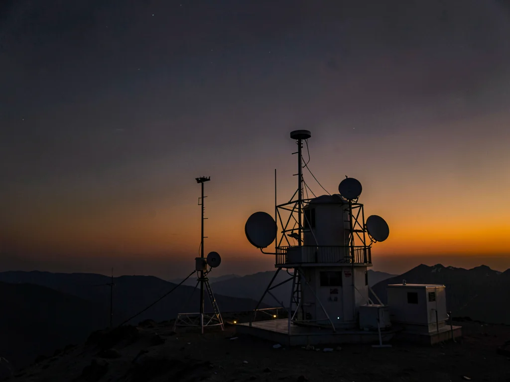 Weather station instruments silhouetted against pre-dawn gradient from orange to