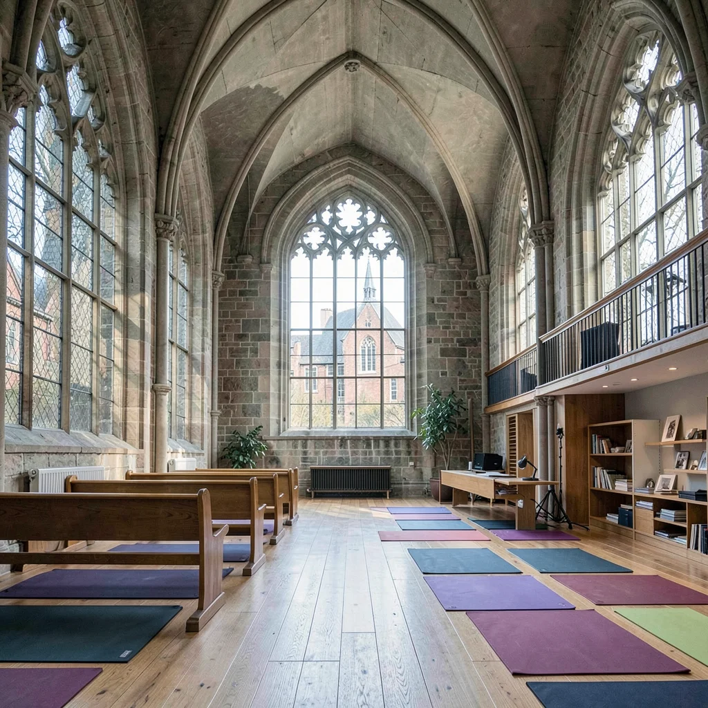 Medieval-modern temporal collision, Ghent layers, Yoga studio in former chapel, 